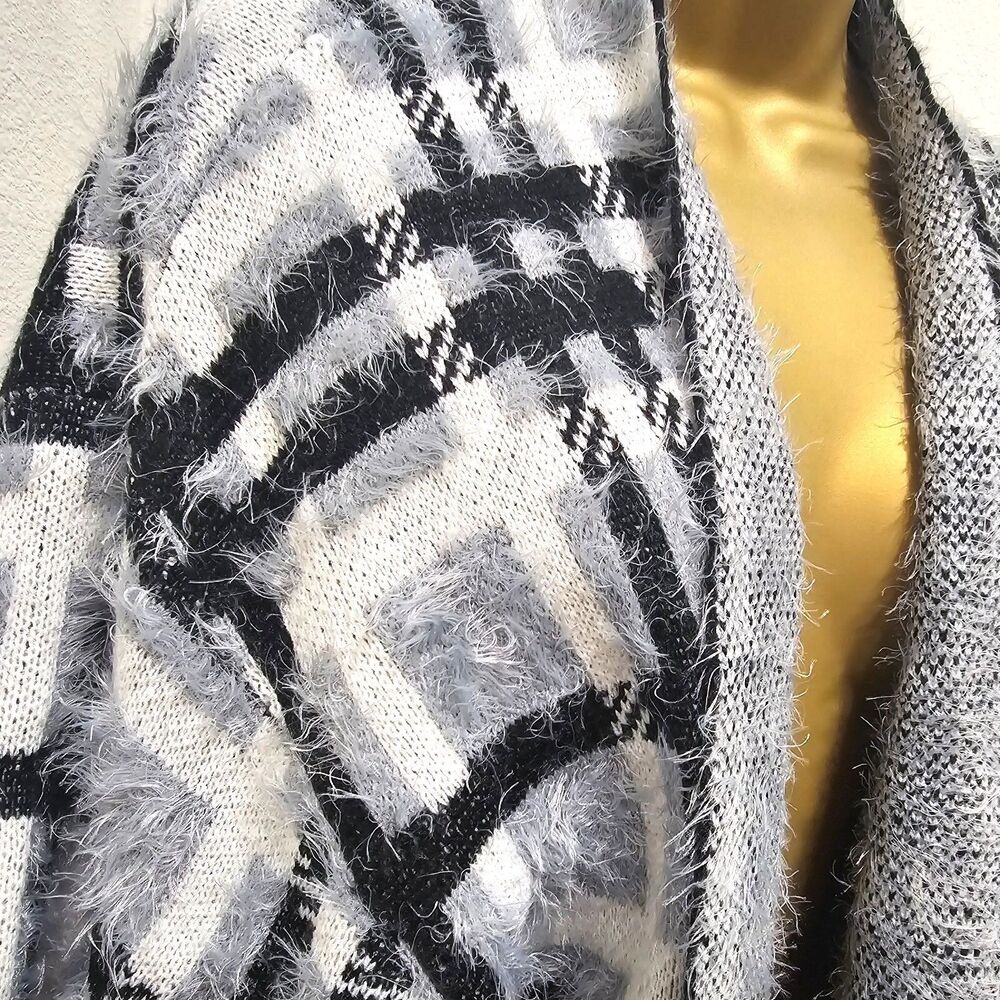 Rain Rose Fuzzy Open Sweater Duster Cardigan Women L Black Gray Plaid Indie Boho